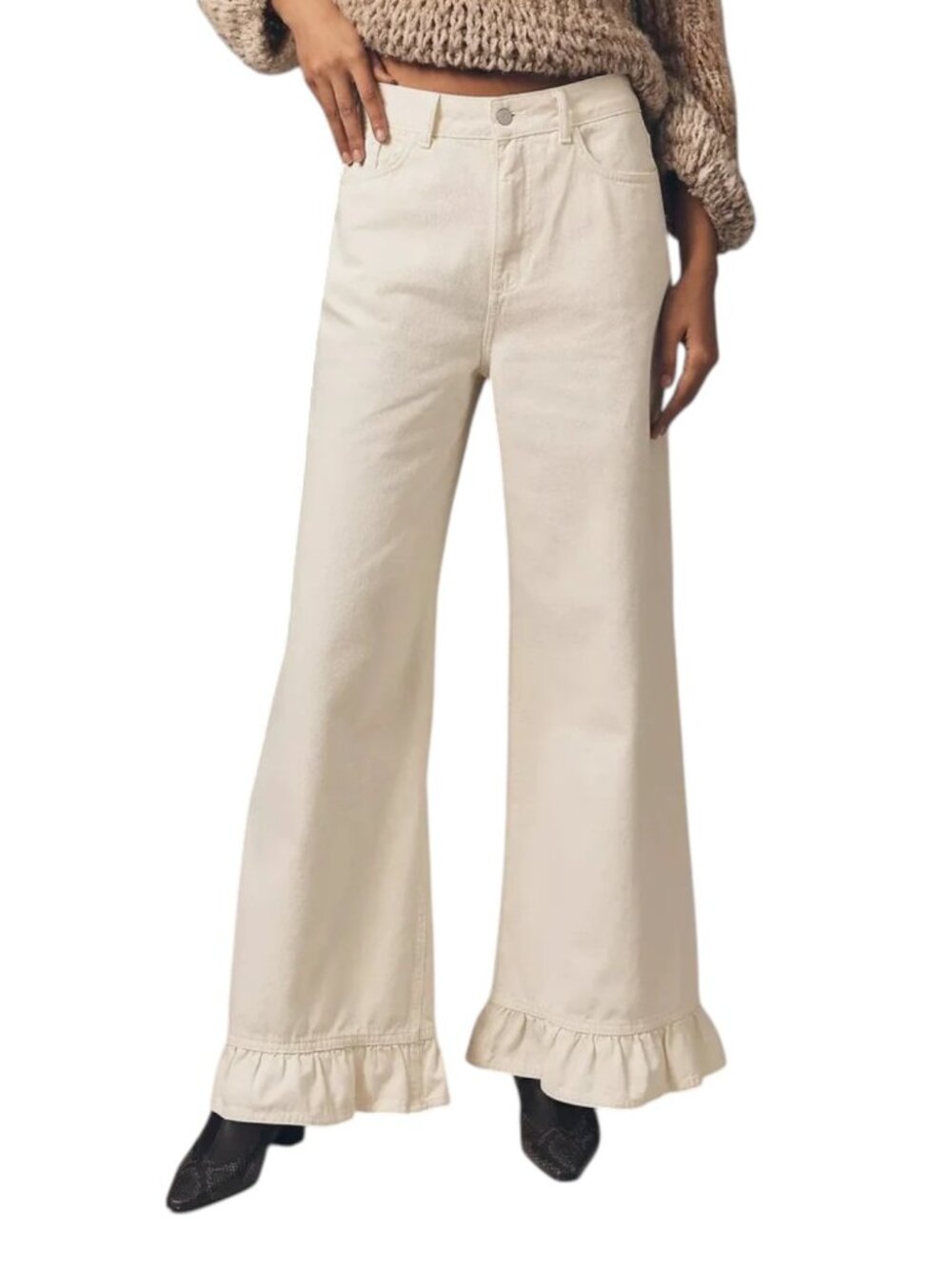 Anthropologie Pilcro Cotton White Wide Leg Ruffle Hem Jeans - Picture 1 of 15